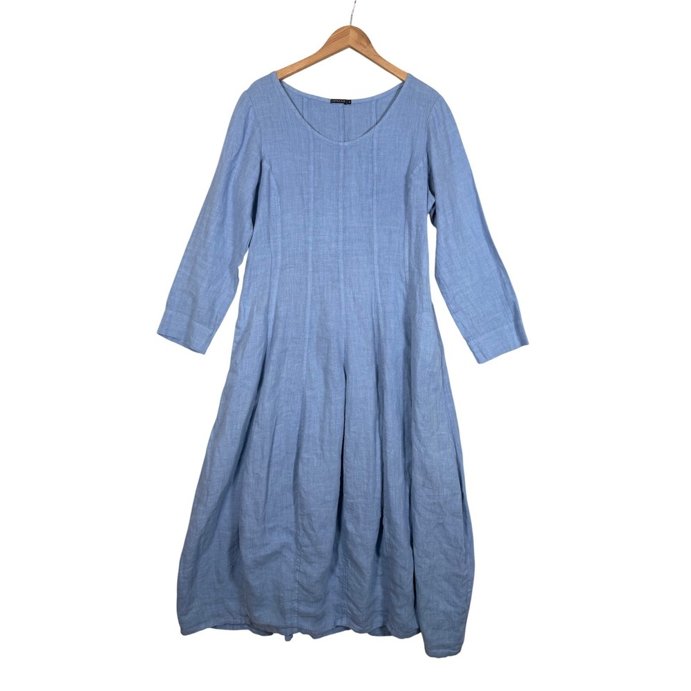 Grizas‎ Linen Cotton Dress Medium Blue Long Sleeve Lagenlook Balloon Skirt